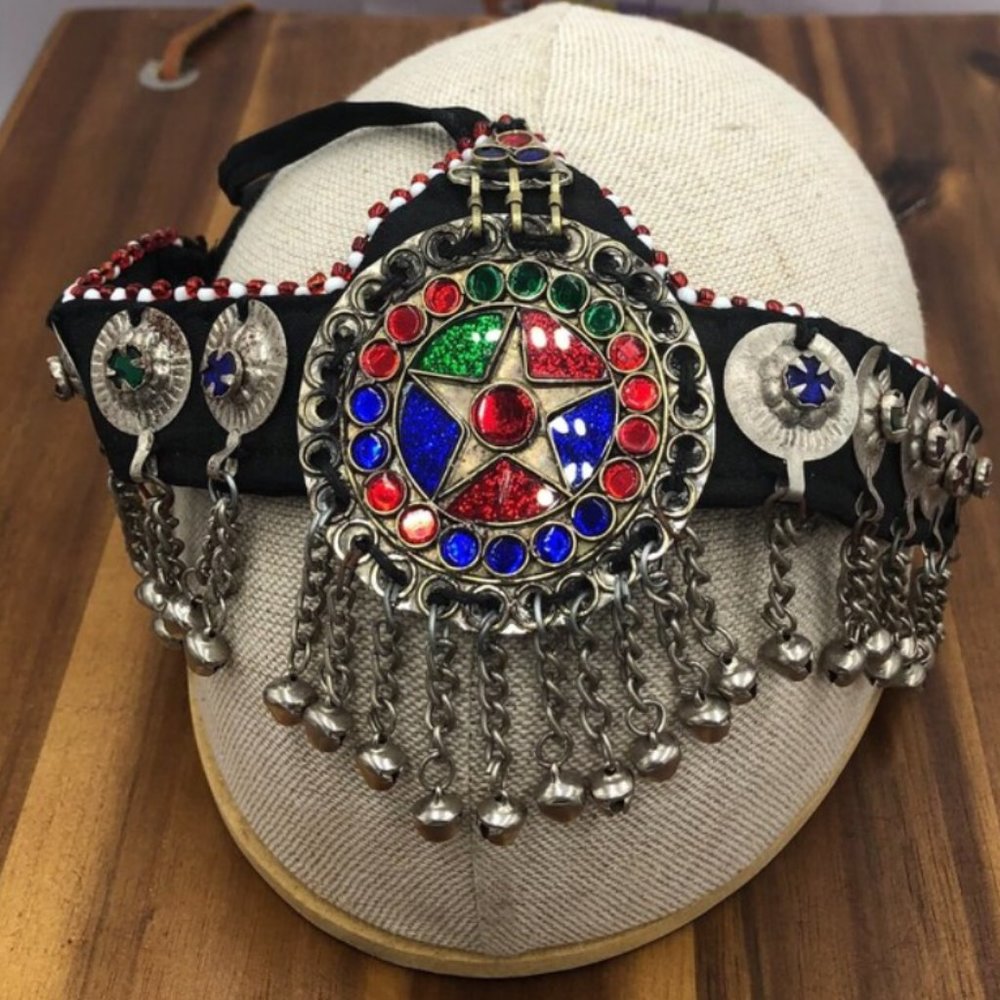 Afghan Tribal Matha Patti: Multicolor Glass Stone Headpiece